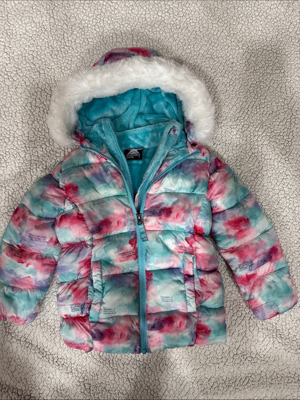 Girls Aqua Teal Pink Tie-Dye Puffer Coat with Faux Fur Hood